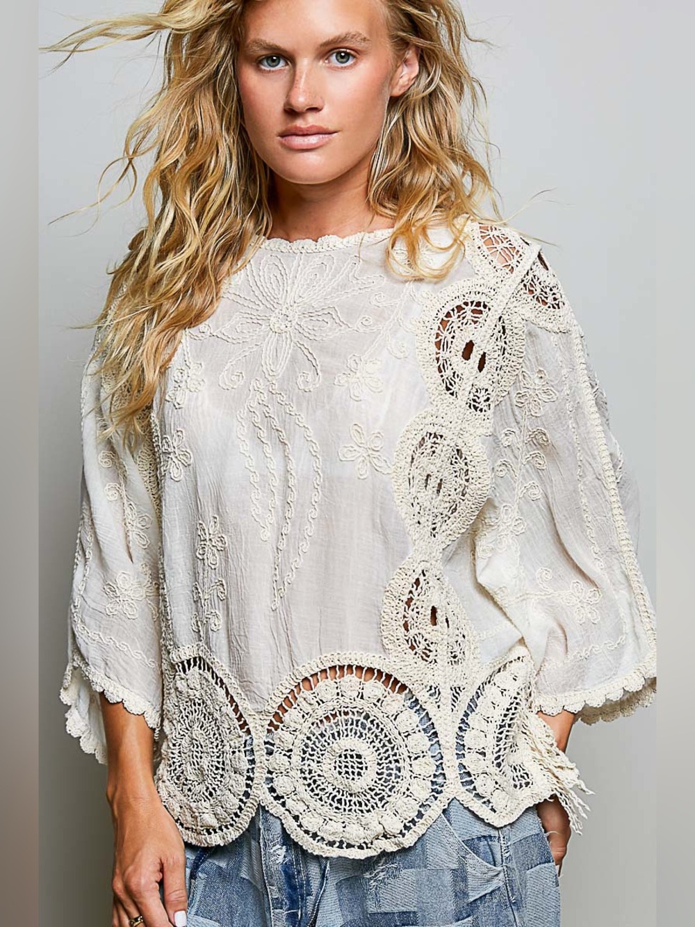 Pol Embroidered Crochet Peasant Tunic - Ivory - Picture 3 of 4